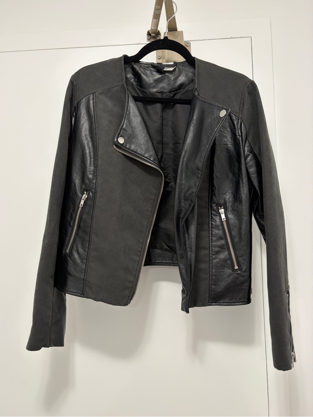 H&M Black Faux Leather Moto Jacket with Silver Hardware - Size 12